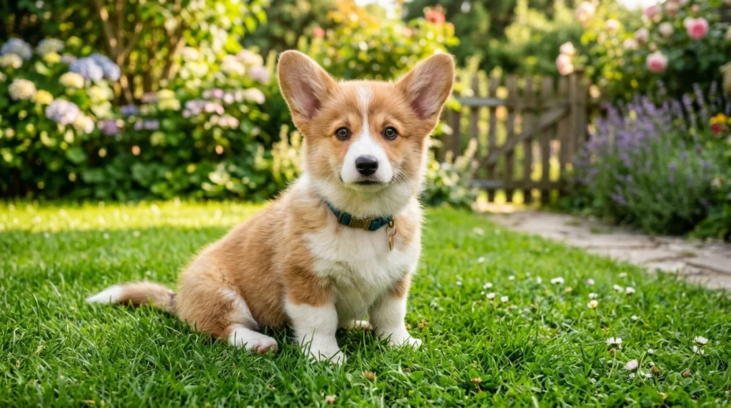 Štěně Welsh Corgi Pembroke na trávníku