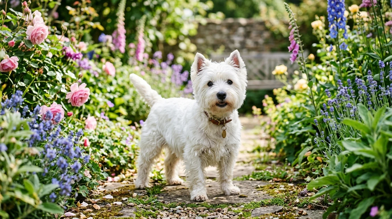 Pes plemene West Highland White Terrier v zahradě
